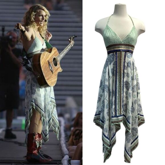 Taylor Swift BCBGMaxAzria Blue Mint Print Beaded Silk Dress Rare Halter 2 Hanky - Picture 1 of 11